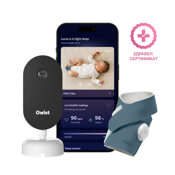 Owlet Dream Duo™ (3-то поколение) – Умно чорапче Owlet Dream Sock™ (Bedtime Blue) и камера Owlet Dream Sight™