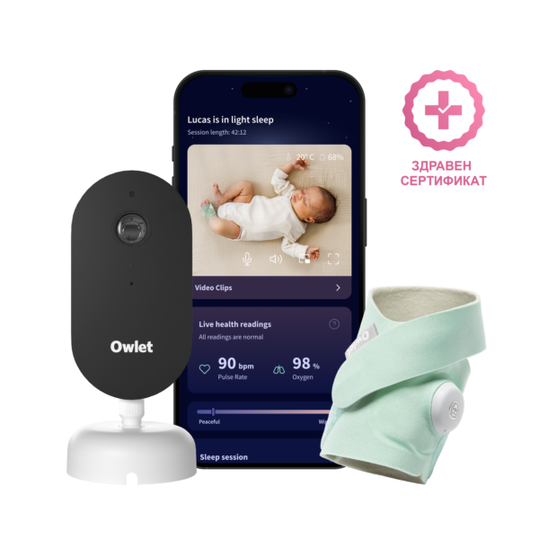 Owlet Dream Duo™ (3-то поколение) – Умно чорапче Owlet Dream Sock™ (Original Mint) и камера Owlet Dream Sight™